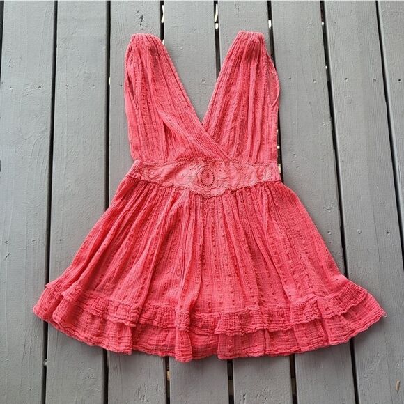 Vintage Dresses & Skirts - Vintage Coral Embroidered Surplice Ruffle Hem Gauzy Boho Festival Mini Dress S/M